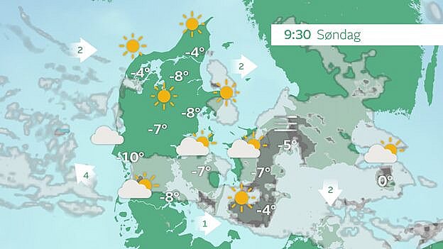 Prognose søndag klokken 9.30. Iskoldt flere steder.