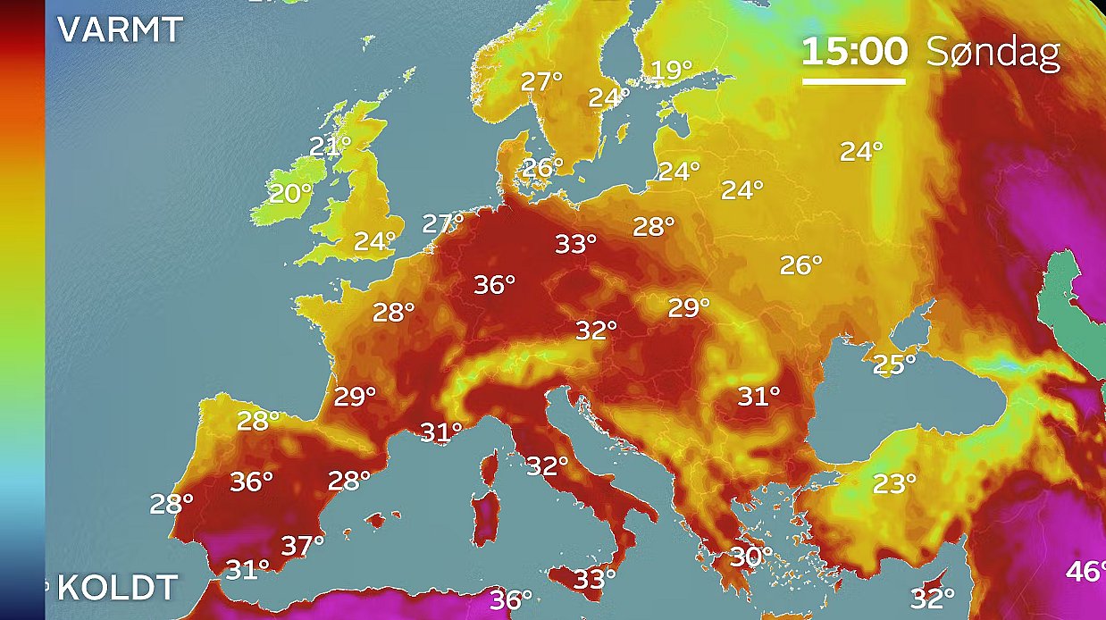 Varmen er massiv syd for Danmark.