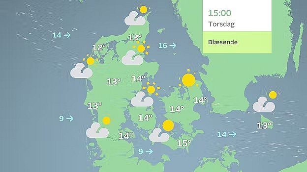 Prognose torsdag formiddag. Mest blæsende er det først på dagen.