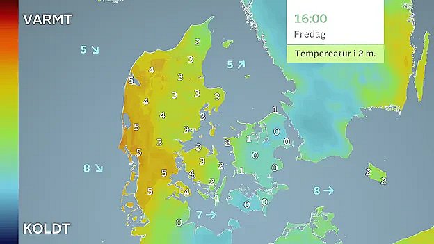 Prognose for temperaturerne fredag den 12. januar.