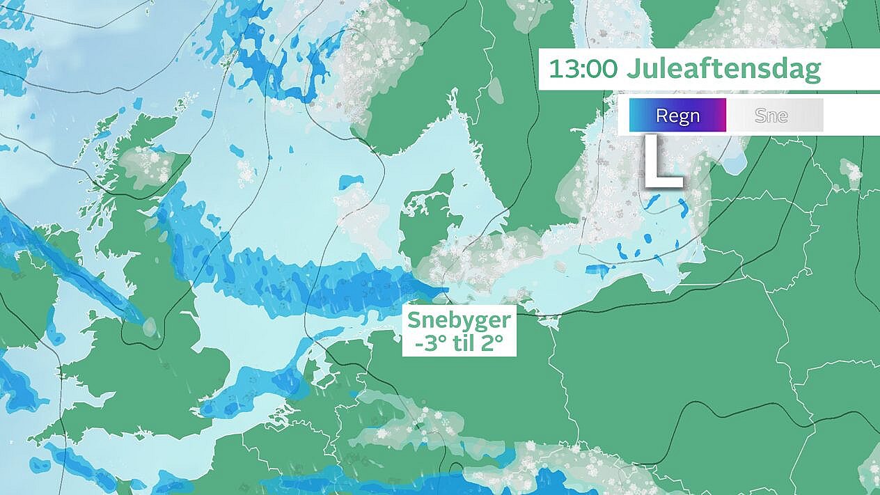 Prognose juleaftensdag. En frontzone passerer landet med mulighed for snebyger, som kan være med til at redde den hvide jul. Foto: TV 2 Vejret