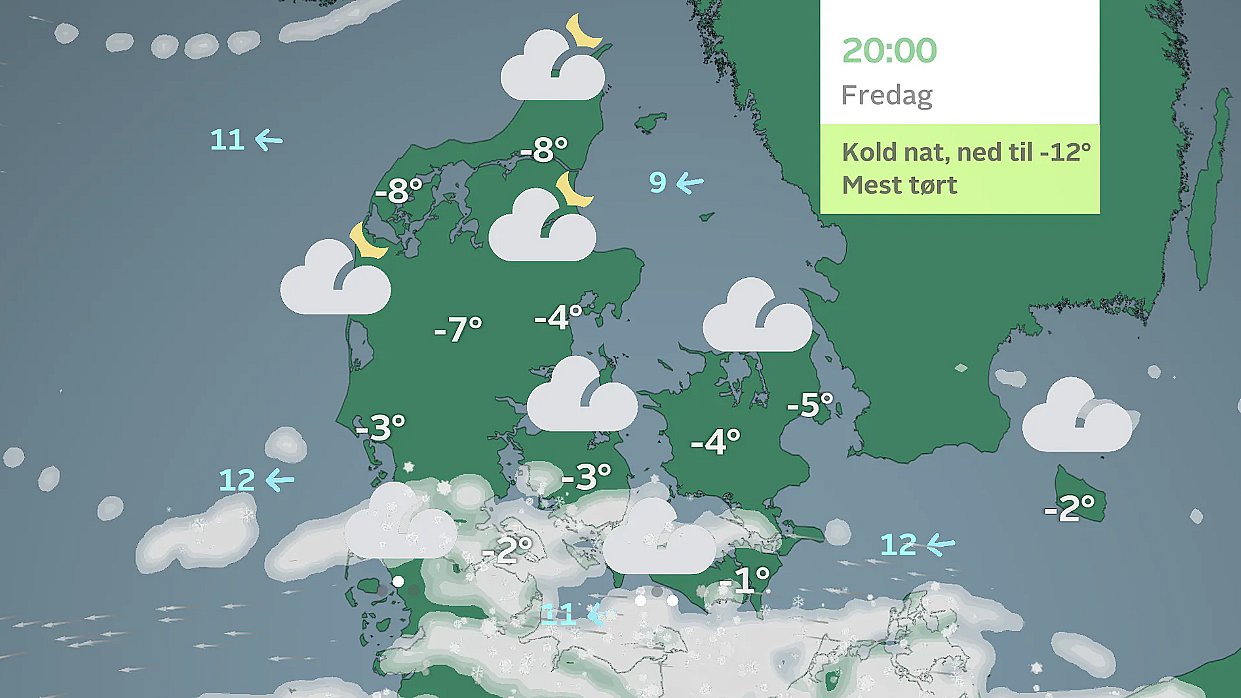 Prognose fredag aften. Sne og over de sydlige egne.